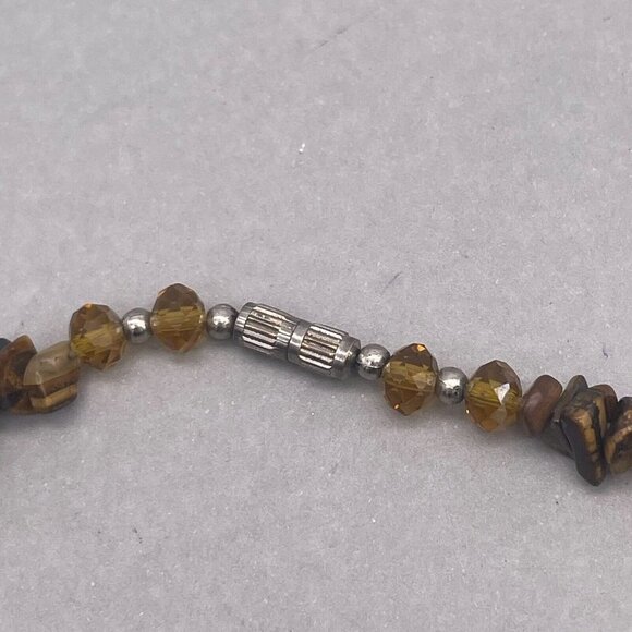 Tiger Eye Gemstone Chip Necklace Silver Tone Beads 18in - Picture 2 of 5
